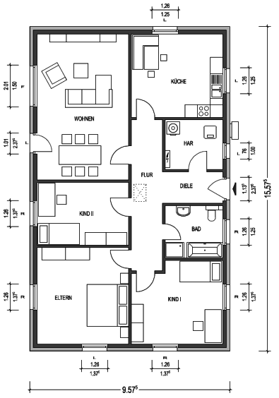 Innenansicht Wohnzimmer Bungalow MV 780 massiv